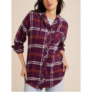 Maurices Size S Cabin Plaid Hooded Flannel Button Up Relaxed Fit Super Soft
